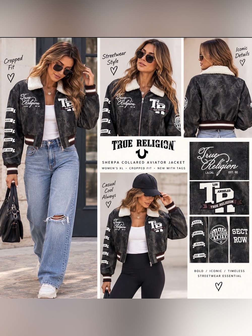 True Religion Sherpa Collared Aviator Cropped Jacket Women XL NEW Streetwear